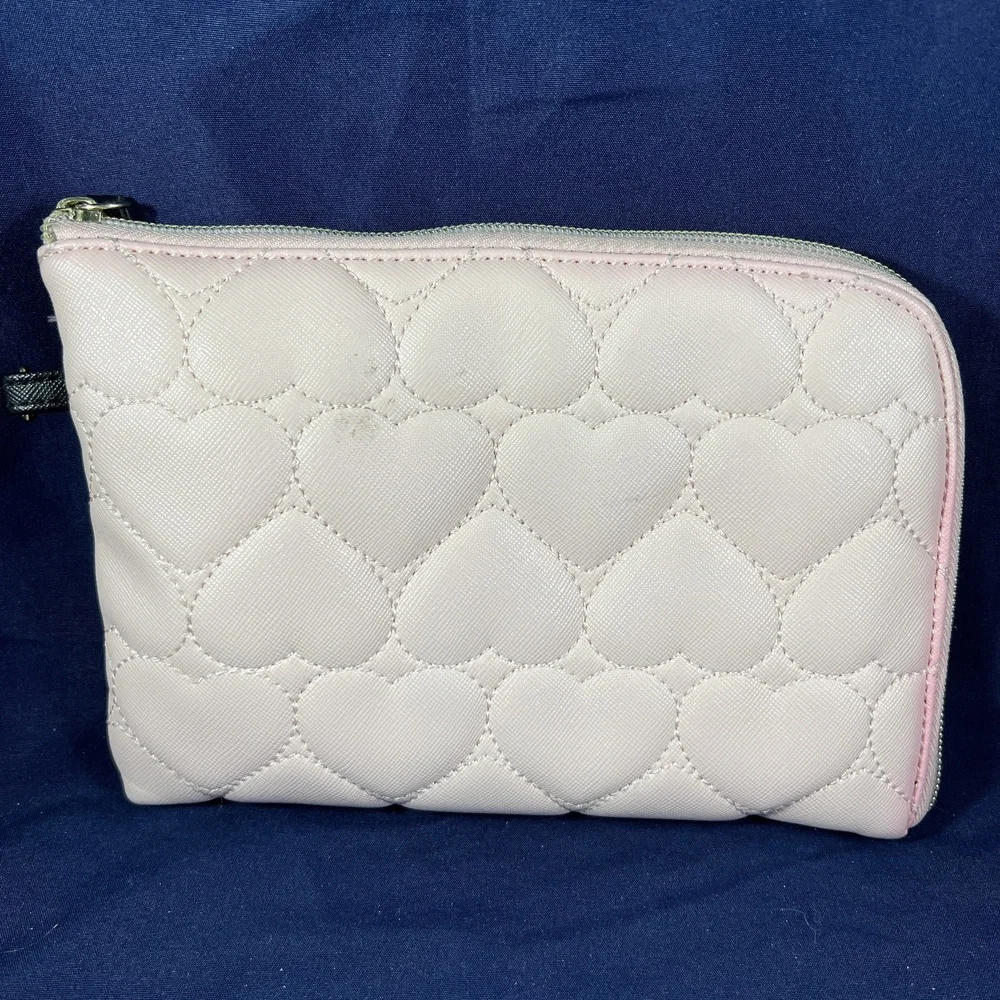 BETSEY JOHNSON Pink Heart Quilted Makeup Bag Travel Zipper Whimsical Feminine